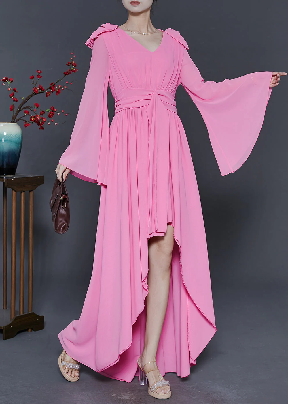 Beautiful Pink Low High Design Exra Large Hem Chiffon Vacation Dresses Fall - Image 3