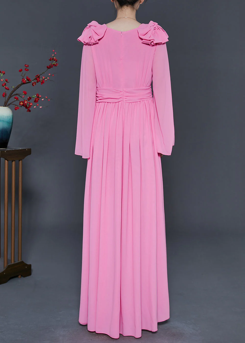 Beautiful Pink Low High Design Exra Large Hem Chiffon Vacation Dresses Fall - Image 4