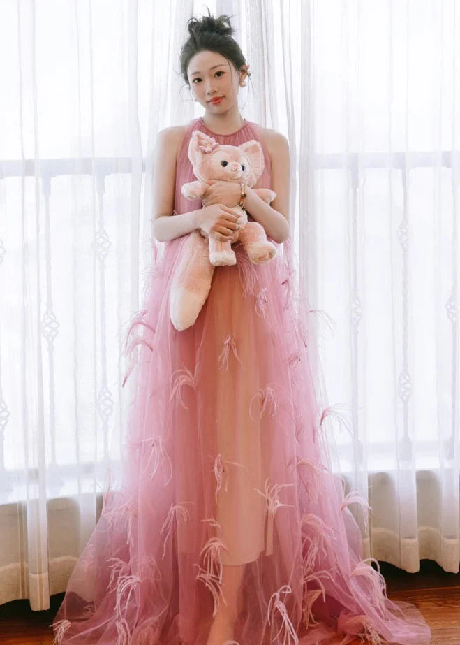 Beautiful Pink O Neck Feather Patchwork Tulle Maxi Dress Sleeveless - Image 2