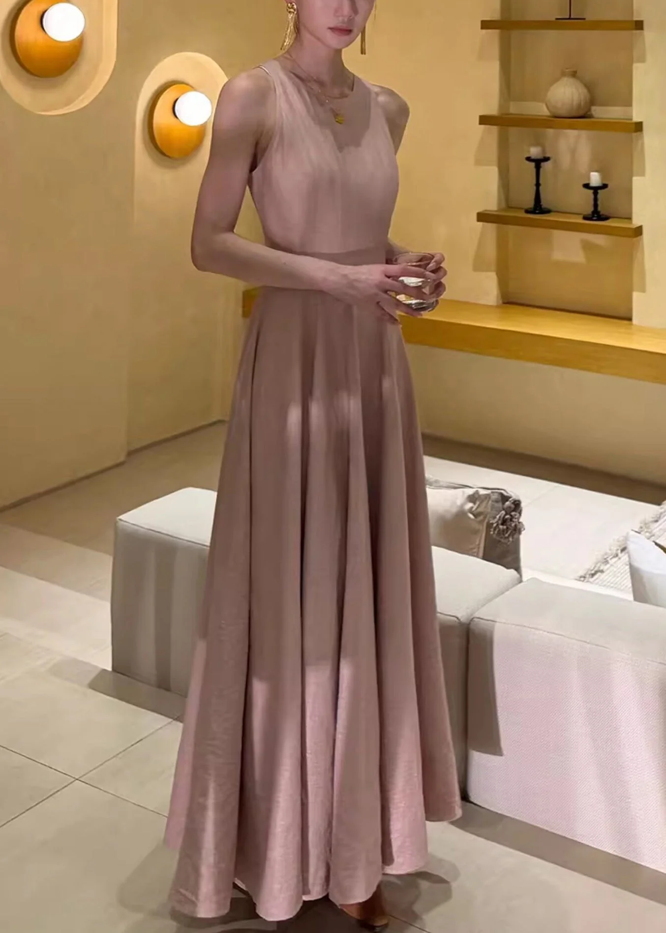 Beautiful Pink O-Neck Flattering Solid Long Dresses Summer - Image 2