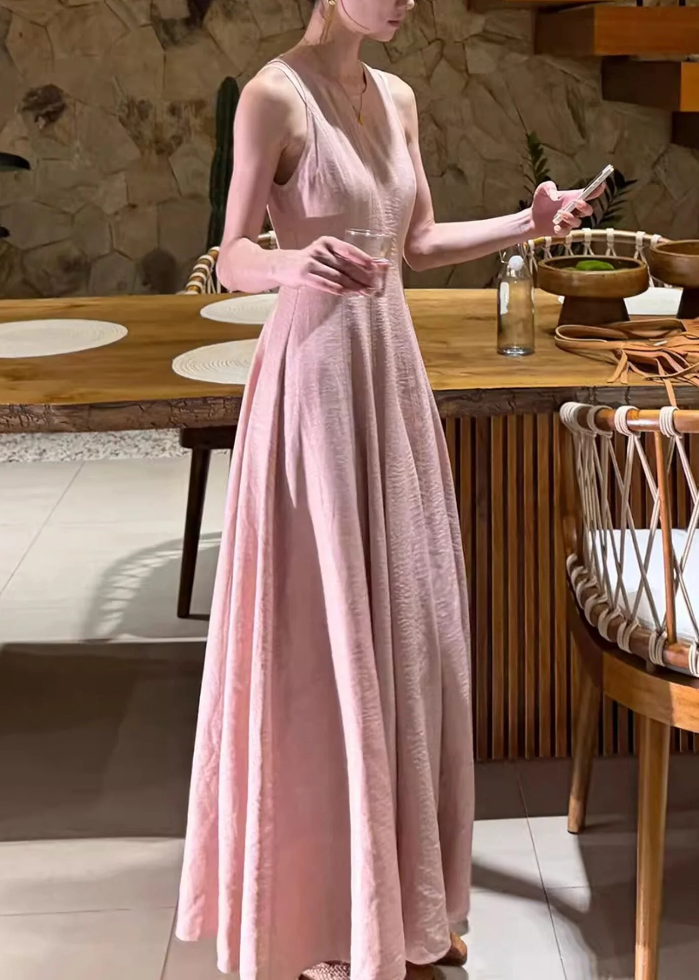 Beautiful Pink O-Neck Flattering Solid Long Dresses Summer - Image 3