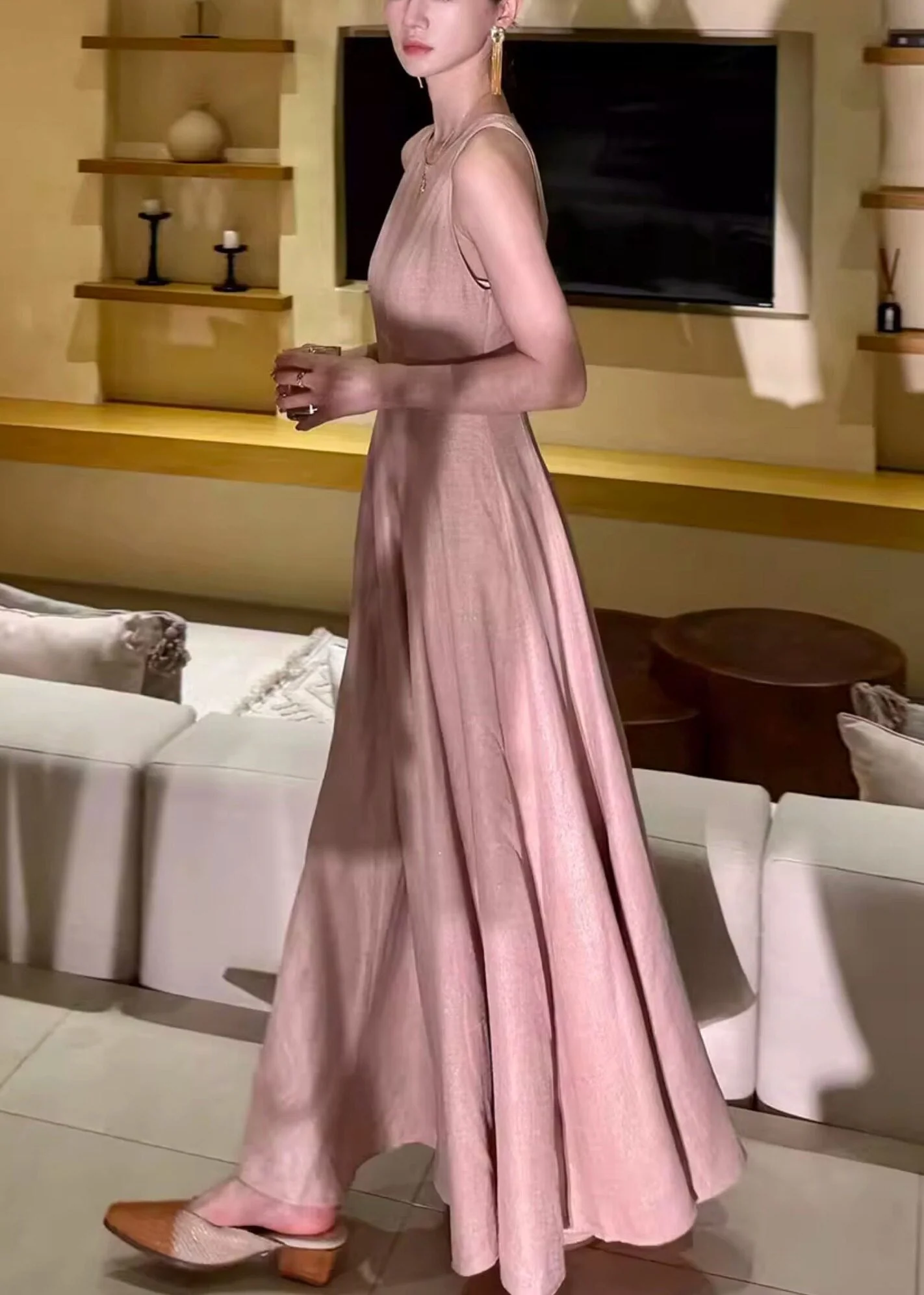 Beautiful Pink O-Neck Flattering Solid Long Dresses Summer - Image 4
