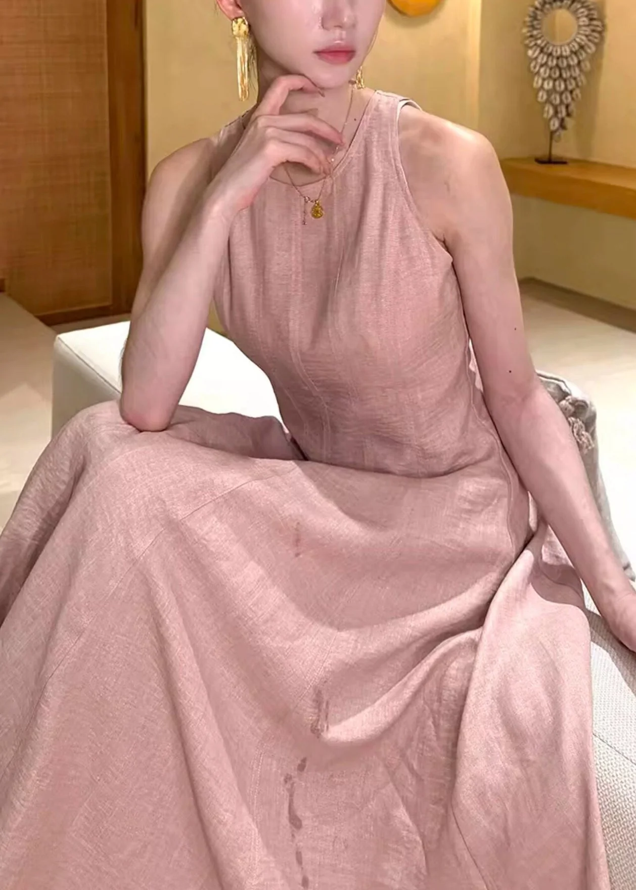 Beautiful Pink O-Neck Flattering Solid Long Dresses Summer - Image 5
