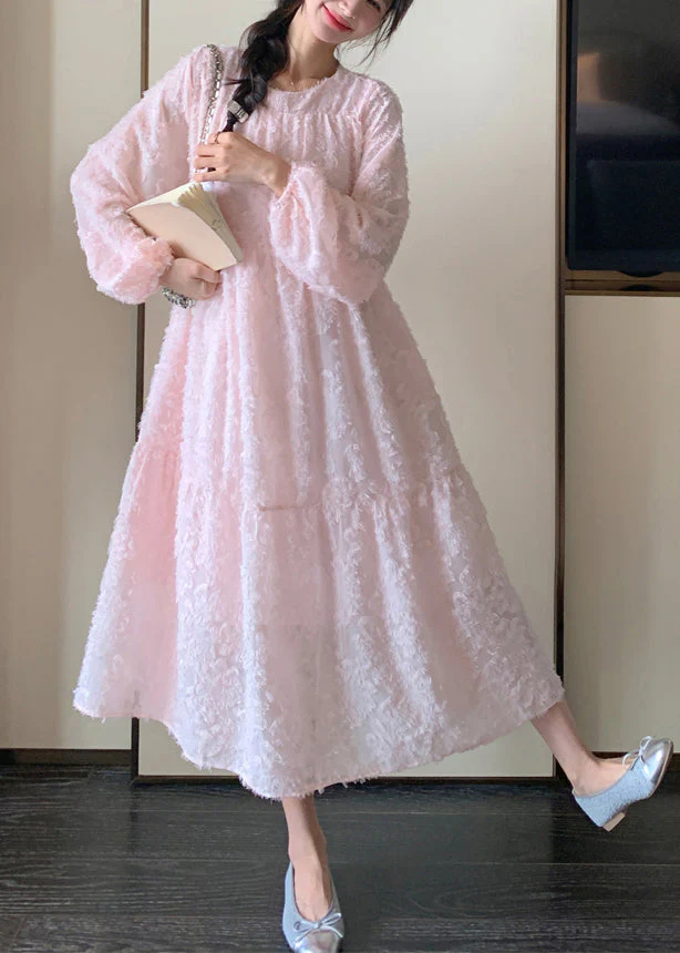 Beautiful Pink O-Neck Patchwork Lace Long Dress Spring - Image 3