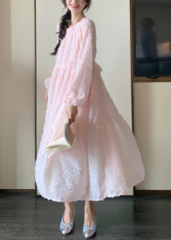 Beautiful Pink O-Neck Patchwork Lace Long Dress Spring - Image 5