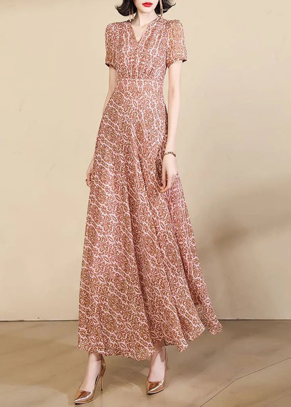 Beautiful Pink Print High Waist Chiffon Maxi Dresses Summer - Image 3