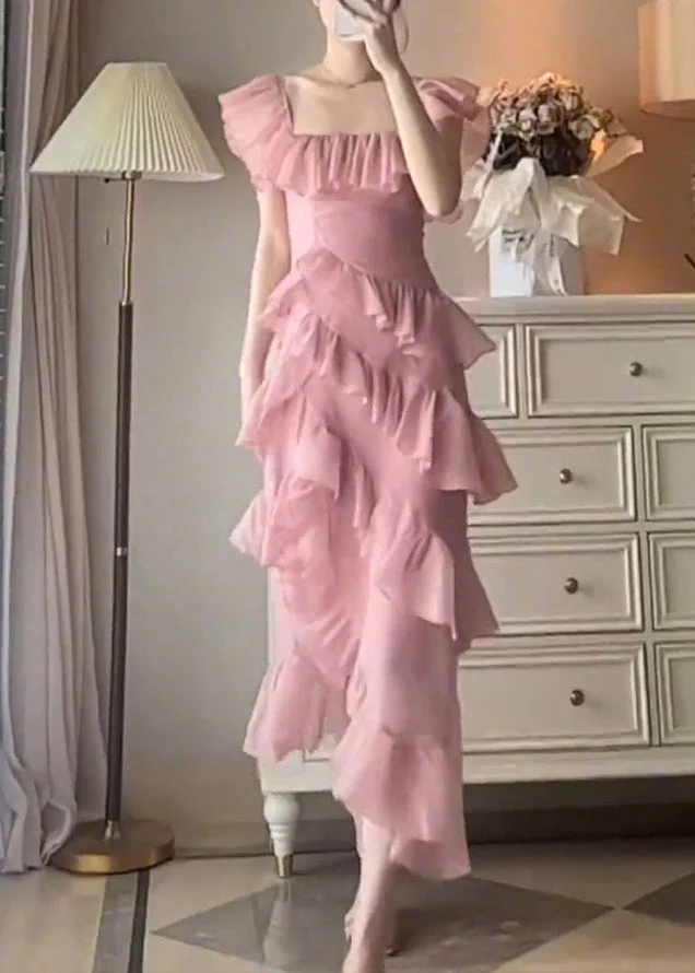 Beautiful Pink Ruffled Asymmetrical Design Patchwork Chiffon Dresses Summer - Image 2
