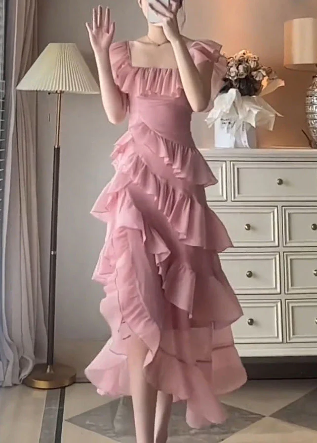 Beautiful Pink Ruffled Asymmetrical Design Patchwork Chiffon Dresses Summer - Image 3