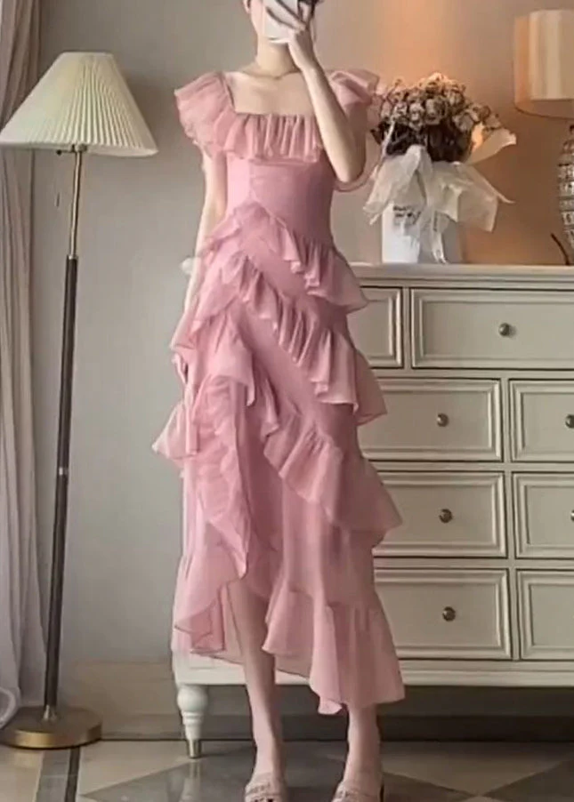 Beautiful Pink Ruffled Asymmetrical Design Patchwork Chiffon Dresses Summer - Image 4