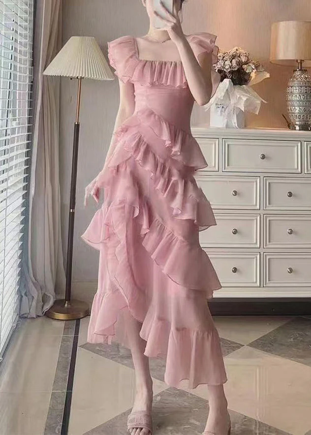 Beautiful Pink Ruffled Asymmetrical Design Patchwork Chiffon Dresses Summer - Image 5