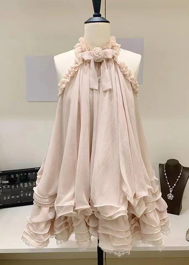 Beautiful Pink Ruffled Lace Tulle Mini Dress Sleeveless - Image 2