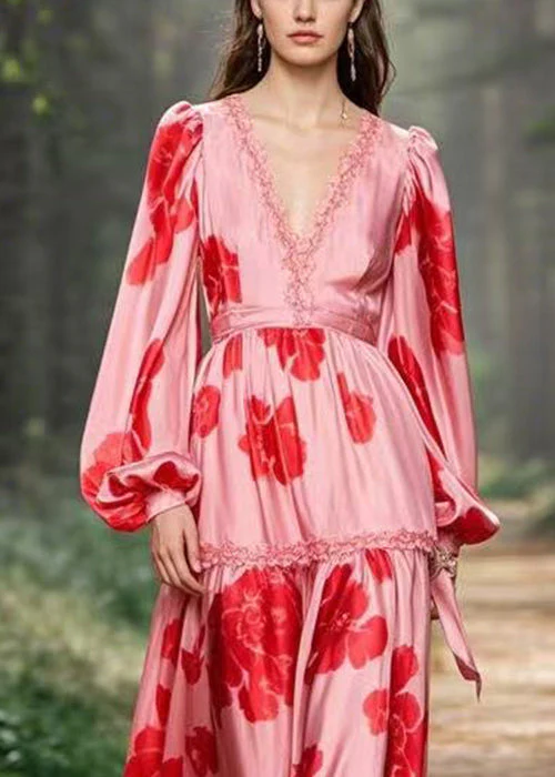 Beautiful Pink Ruffled Print Chiffon Long Dress Spring - Image 2
