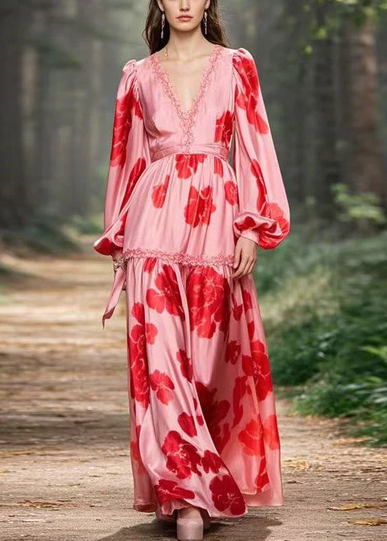 Beautiful Pink Ruffled Print Chiffon Long Dress Spring - Image 3