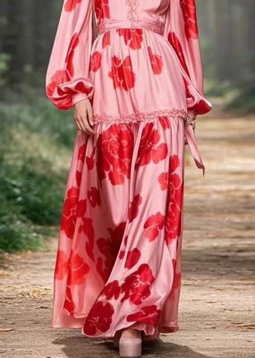 Beautiful Pink Ruffled Print Chiffon Long Dress Spring - Image 4