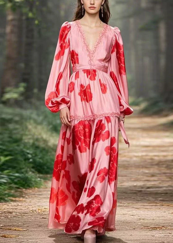 Beautiful Pink Ruffled Print Chiffon Long Dress Spring - Image 5