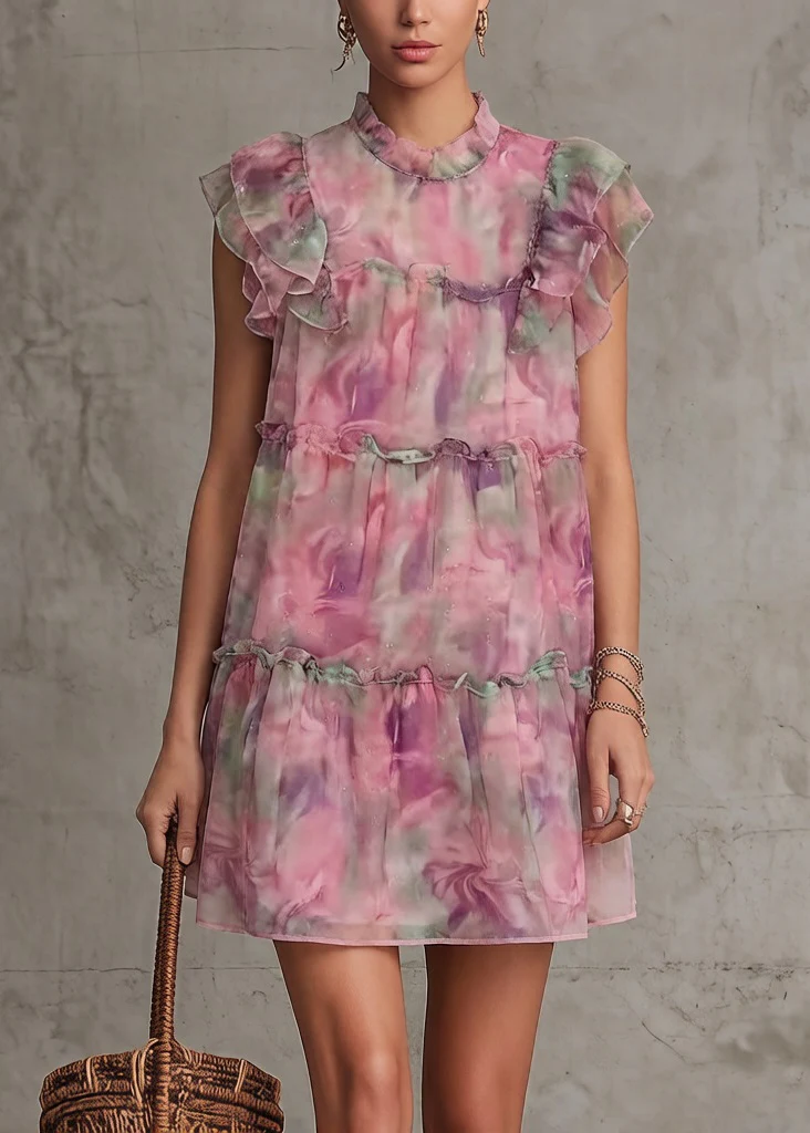 Beautiful Pink Ruffled Print Chiffon Mid Dress Summer - Image 2