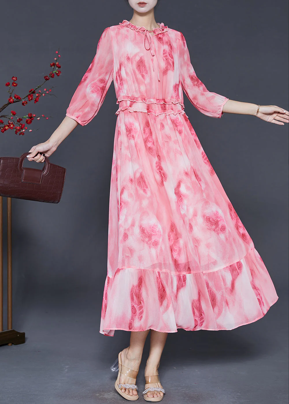 Beautiful Pink Ruffled Print Chiffon Vacation Dress Summer - Image 2