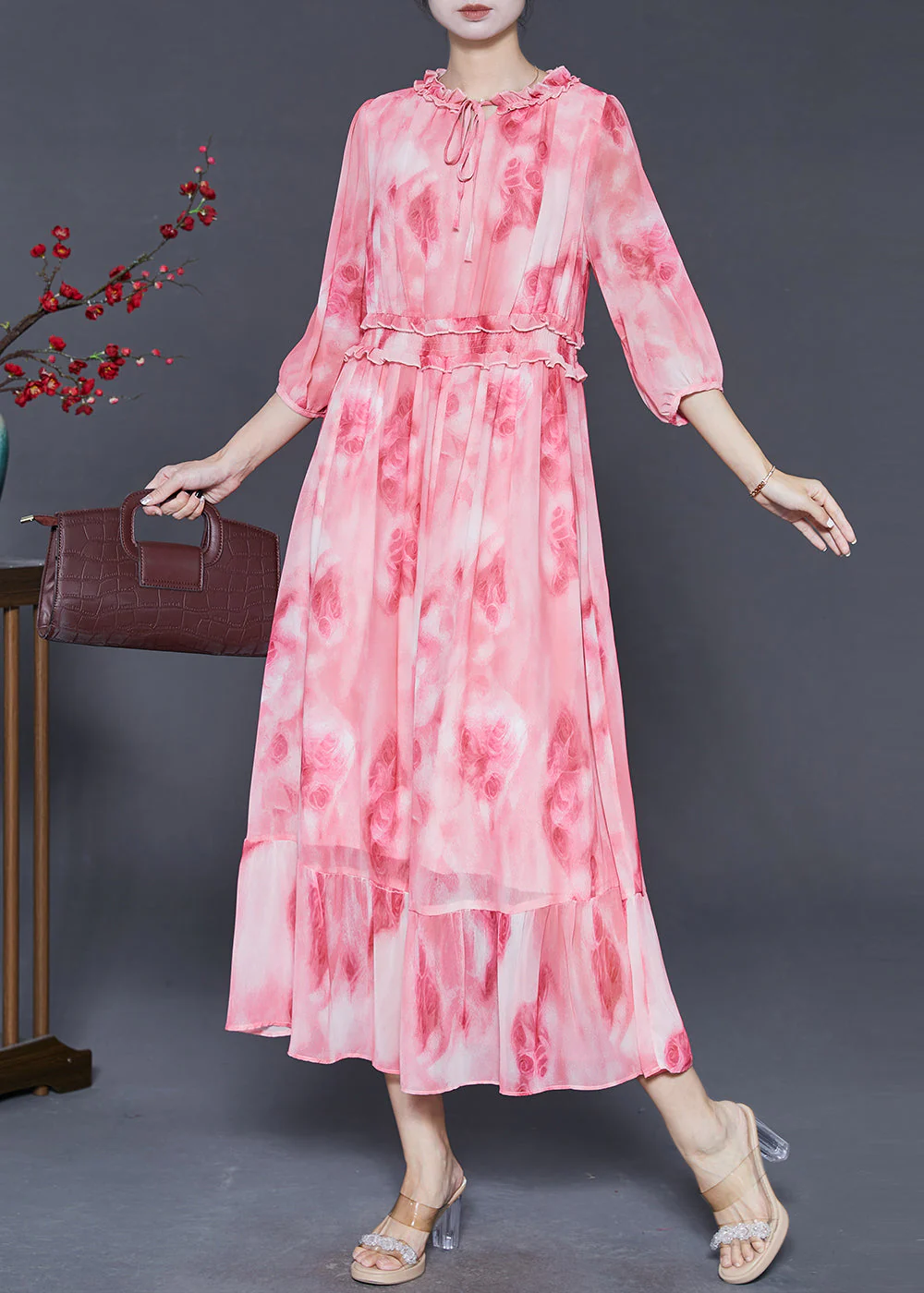 Beautiful Pink Ruffled Print Chiffon Vacation Dress Summer - Image 3