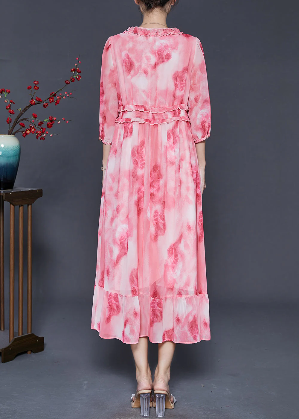 Beautiful Pink Ruffled Print Chiffon Vacation Dress Summer - Image 4