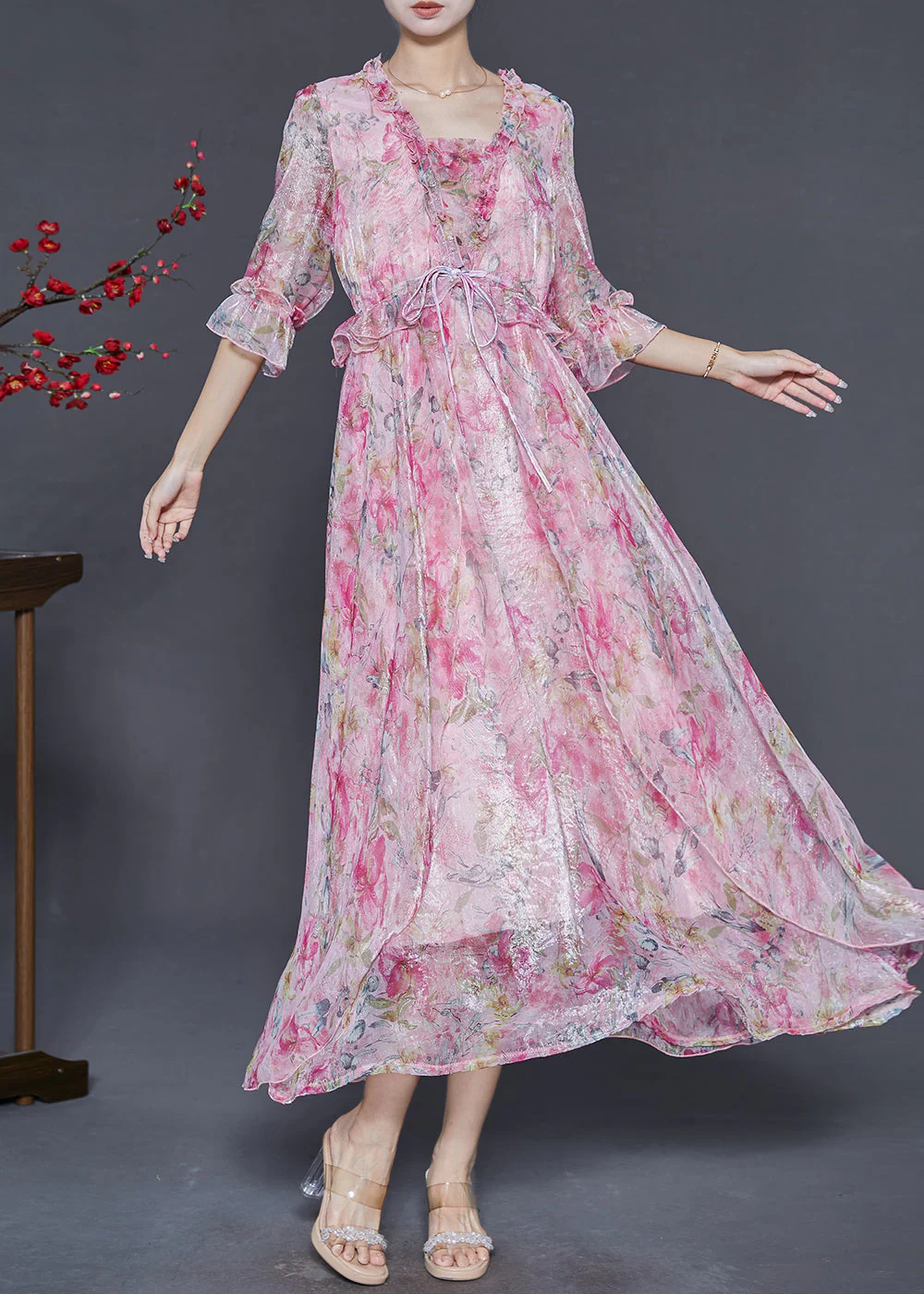 Beautiful Pink Ruffled Print Silk Party Dresses Summer - Image 2