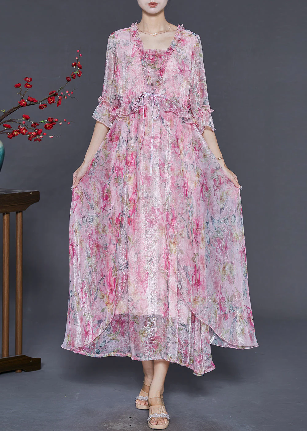 Beautiful Pink Ruffled Print Silk Party Dresses Summer - Image 3