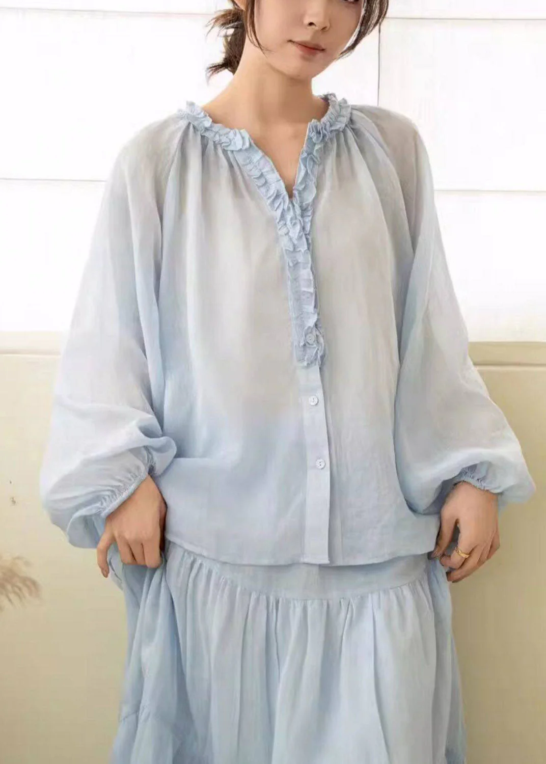 Beautiful Pink Ruffled Wrinkled Linen Shirt Lantern Sleeve - Image 5