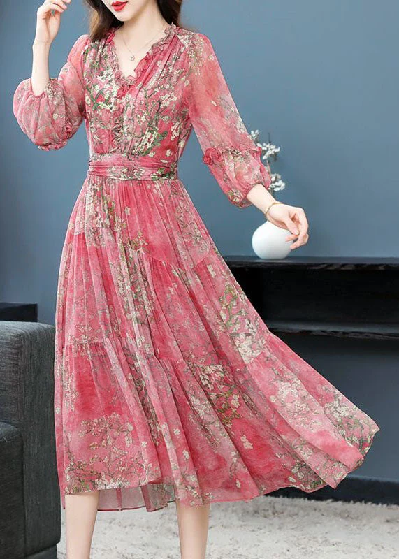 Beautiful Pink Ruffled Wrinkled Print Patchwork Silk Dress Summer