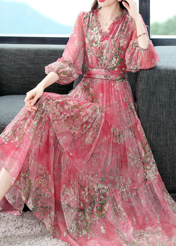Beautiful Pink Ruffled Wrinkled Print Patchwork Silk Dress Summer - Image 2
