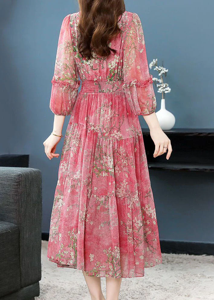 Beautiful Pink Ruffled Wrinkled Print Patchwork Silk Dress Summer - Image 3