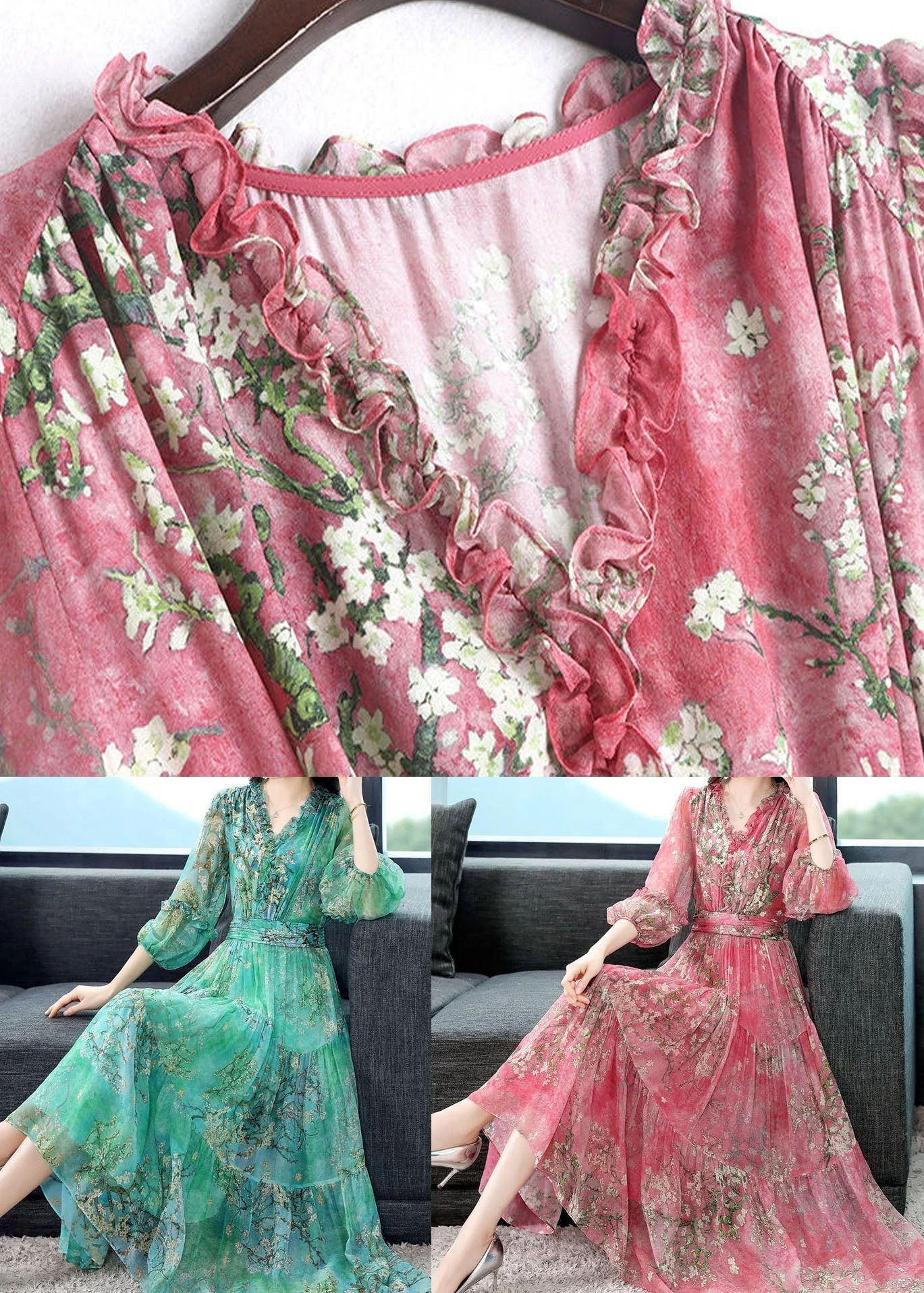 Beautiful Pink Ruffled Wrinkled Print Patchwork Silk Dress Summer - Image 4