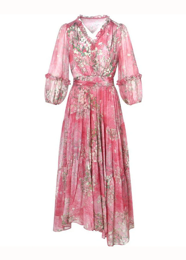 Beautiful Pink Ruffled Wrinkled Print Patchwork Silk Dress Summer - Image 5