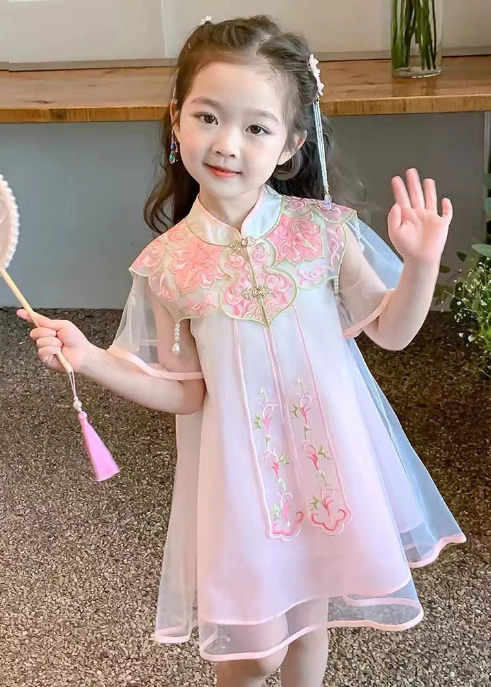 Beautiful Pink Stand Collar Embroideried Tulle Girls Holiday Tulle Maxi Dress Summer