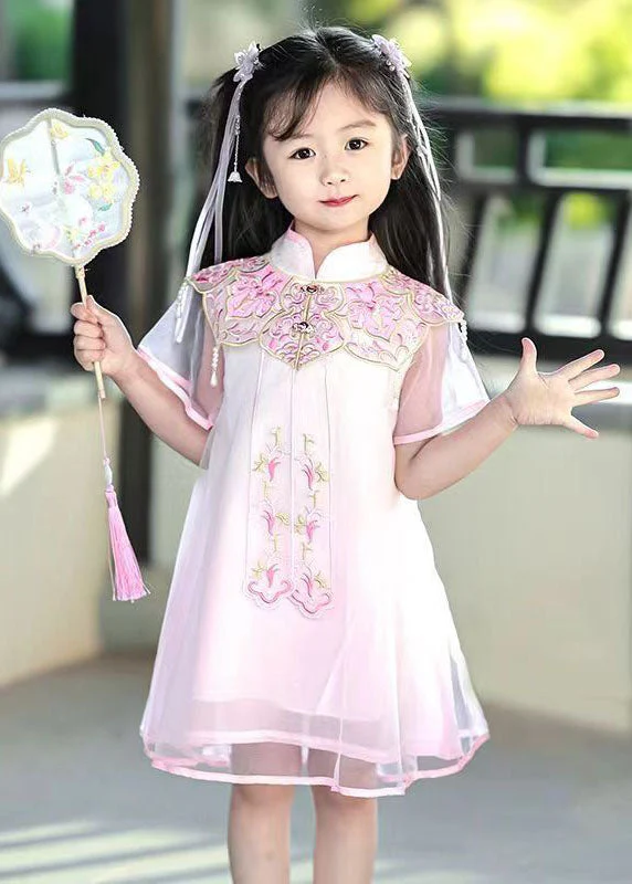 Beautiful Pink Stand Collar Embroideried Tulle Girls Holiday Tulle Maxi Dress Summer - Image 2