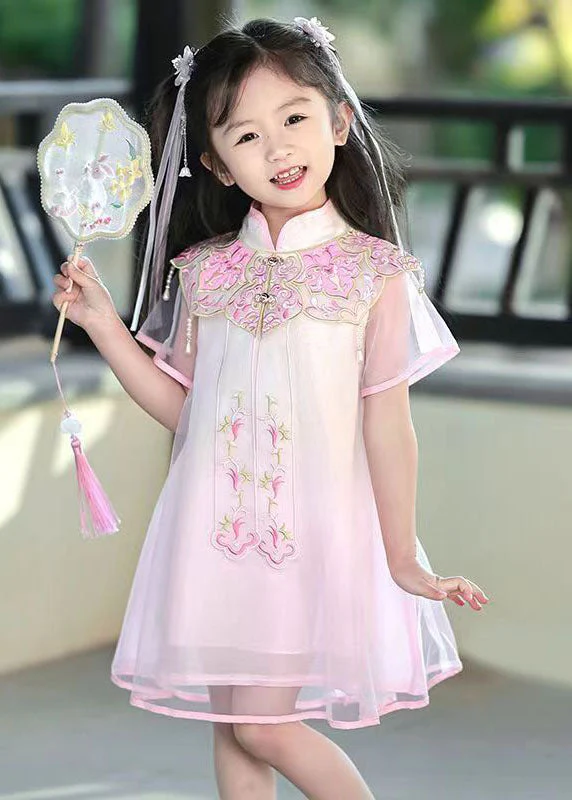 Beautiful Pink Stand Collar Embroideried Tulle Girls Holiday Tulle Maxi Dress Summer - Image 3