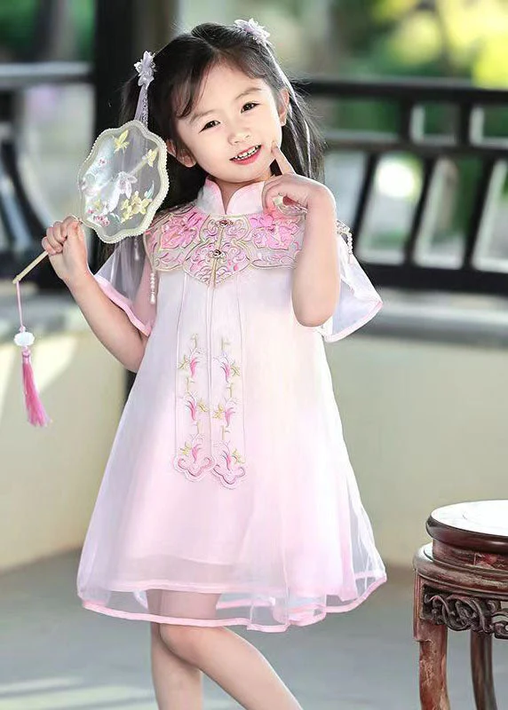 Beautiful Pink Stand Collar Embroideried Tulle Girls Holiday Tulle Maxi Dress Summer - Image 4