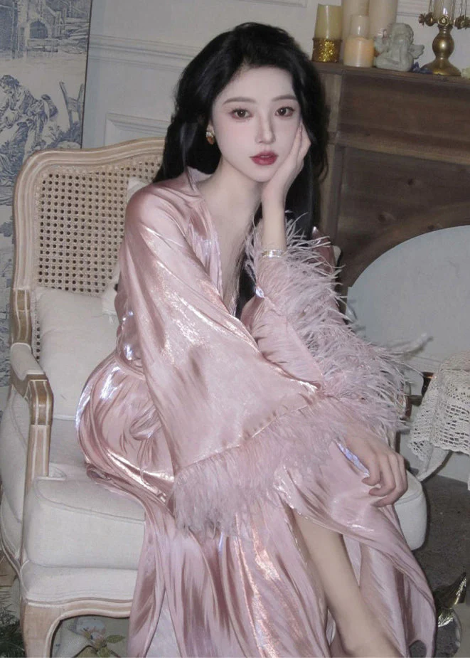 Beautiful Pink V Neck Feather Patchwork Silk Dresses Long Sleeve - Image 2