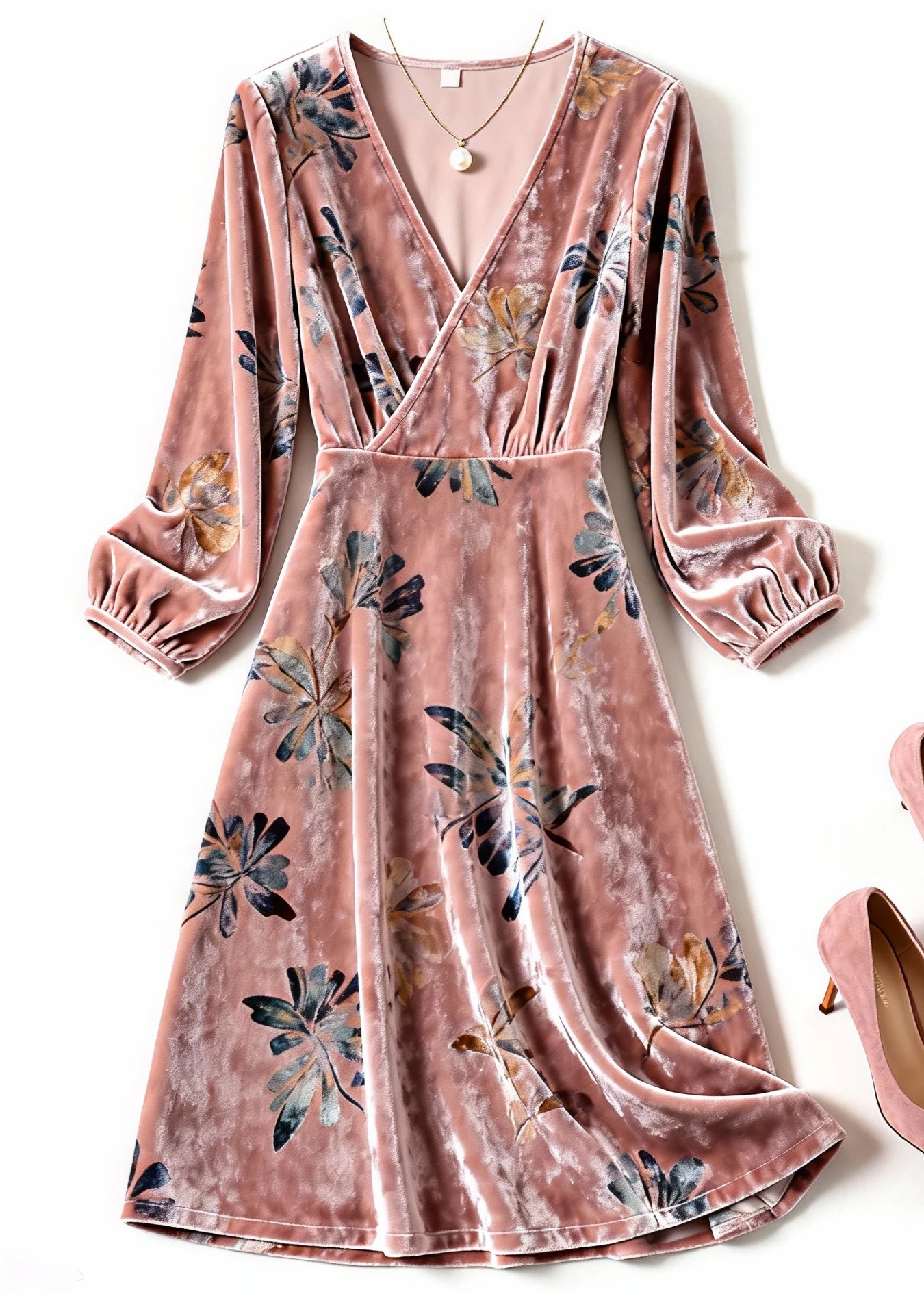 Beautiful Pink V Neck Print Silk Velvet Dresses Spring - Image 3