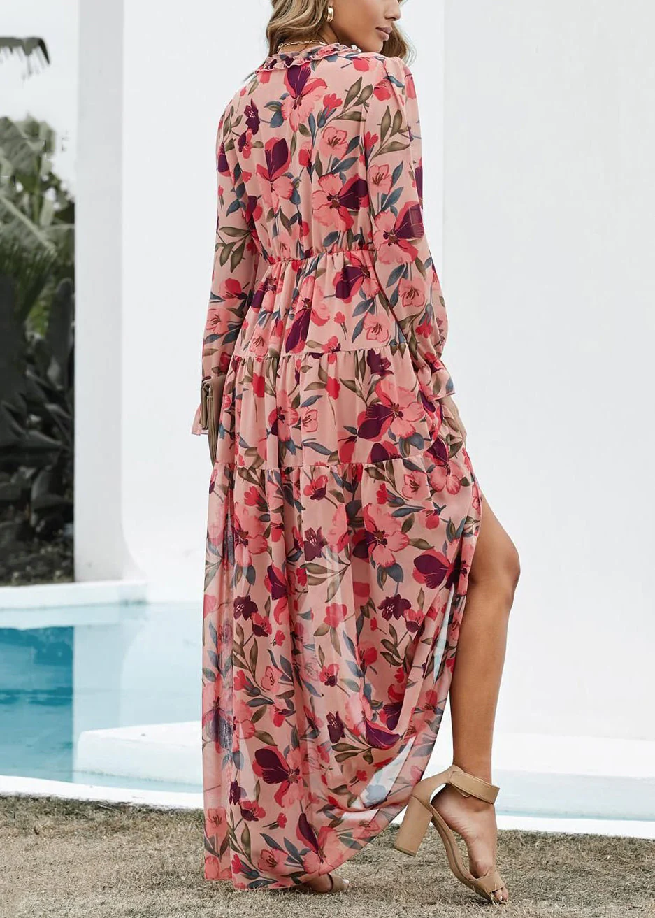 Beautiful Pink V Neck Ruffled Print Chiffon Long Dress Spring - Image 5