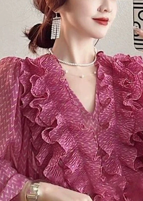 Beautiful Pink V Neck Ruffled Print Chiffon Shirt Spring - Image 2