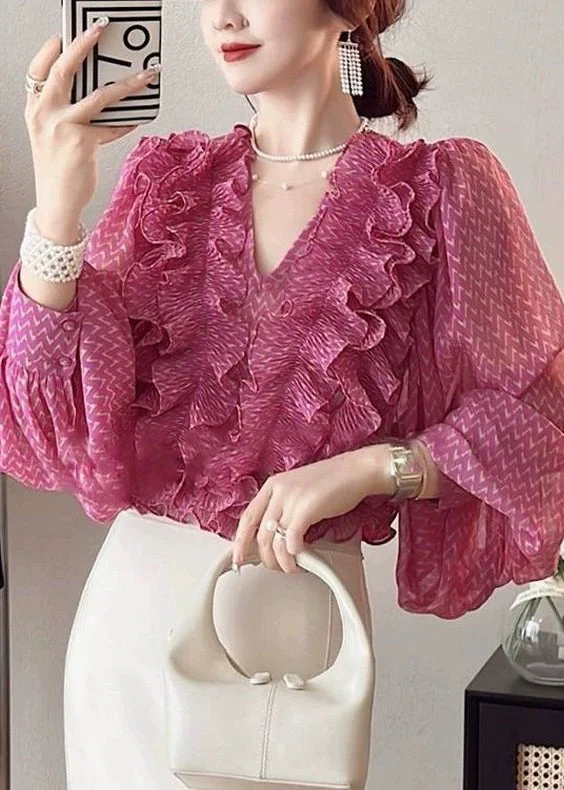 Beautiful Pink V Neck Ruffled Print Chiffon Shirt Spring - Image 3