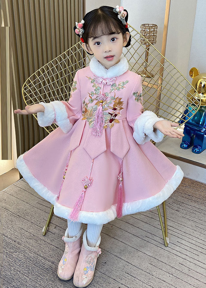 Beautiful Pink Warm Fleece Button Girls Holiday Long Dress Winter - Image 2