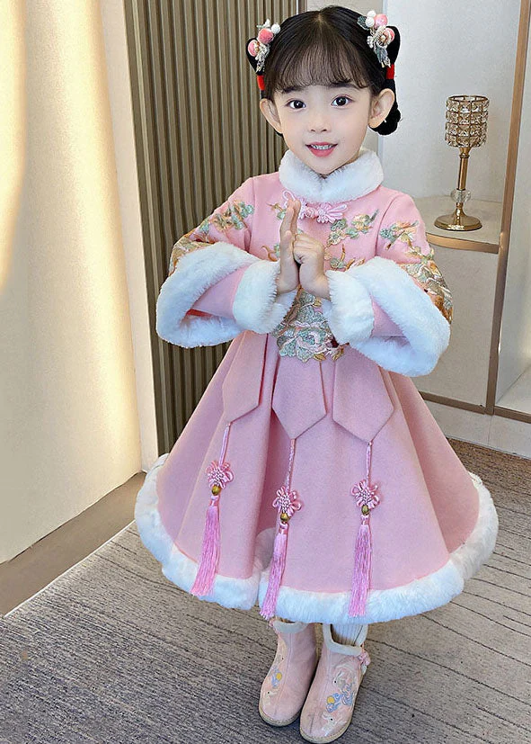 Beautiful Pink Warm Fleece Button Girls Holiday Long Dress Winter - Image 3