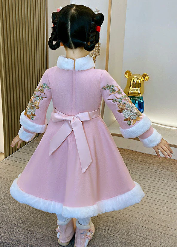 Beautiful Pink Warm Fleece Button Girls Holiday Long Dress Winter - Image 4