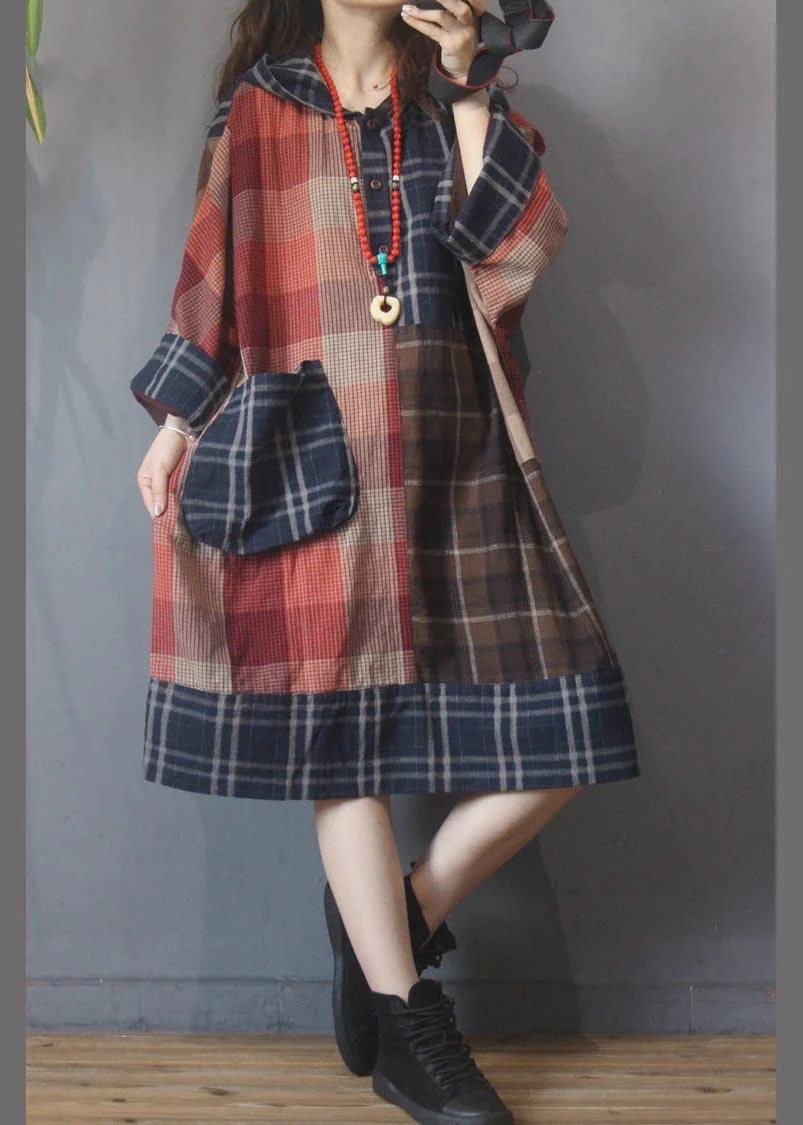 Beautiful Plaid Patchwork hooded Cotton Linen Holiday Dress Summer - Image 2