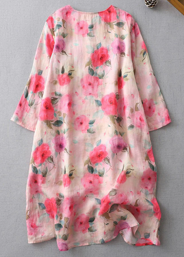 Beautiful Print O-Neck Button Cotton Mid Dress Half Sleeve - Image 2