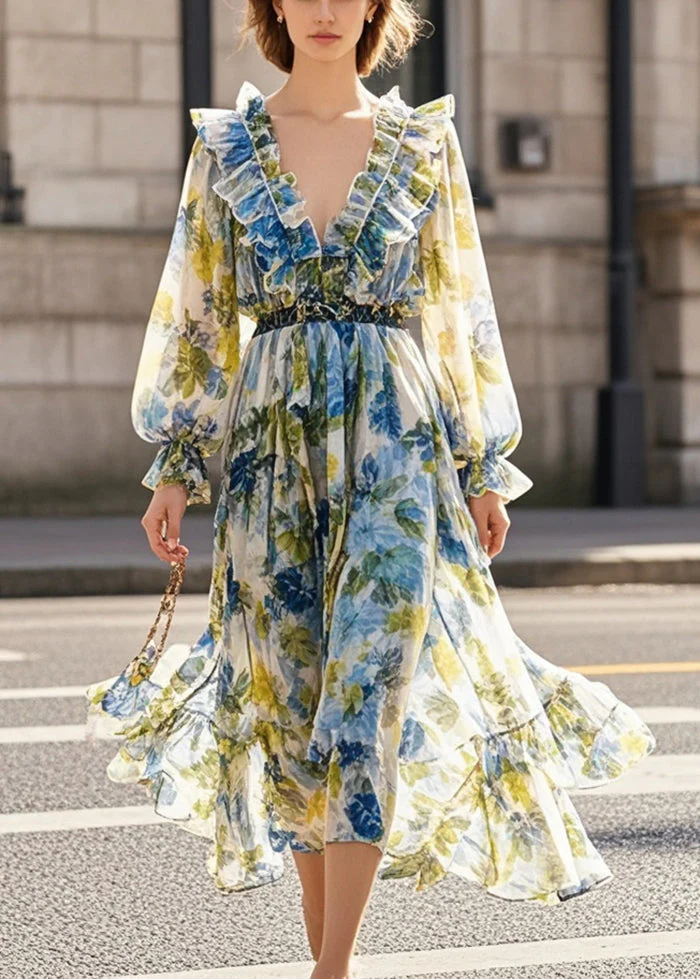 Beautiful Print Ruffled Silm Fit Chiffon Beach Dress Spring - Image 5