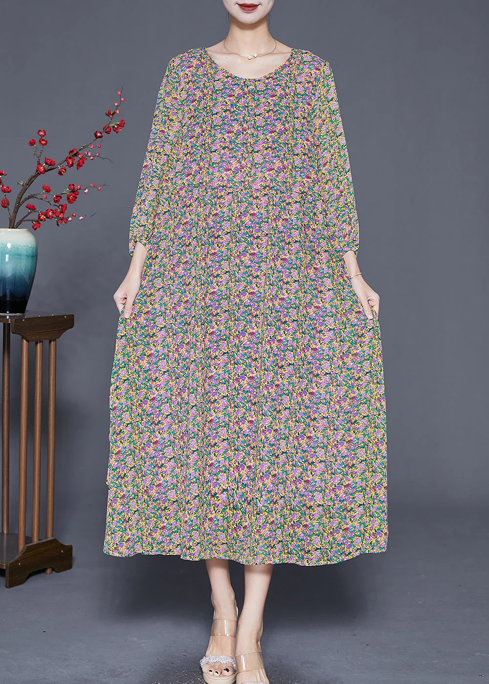 Beautiful Print Tie Waist Chiffon Holiday Dress Bracelet Sleeve - Image 2