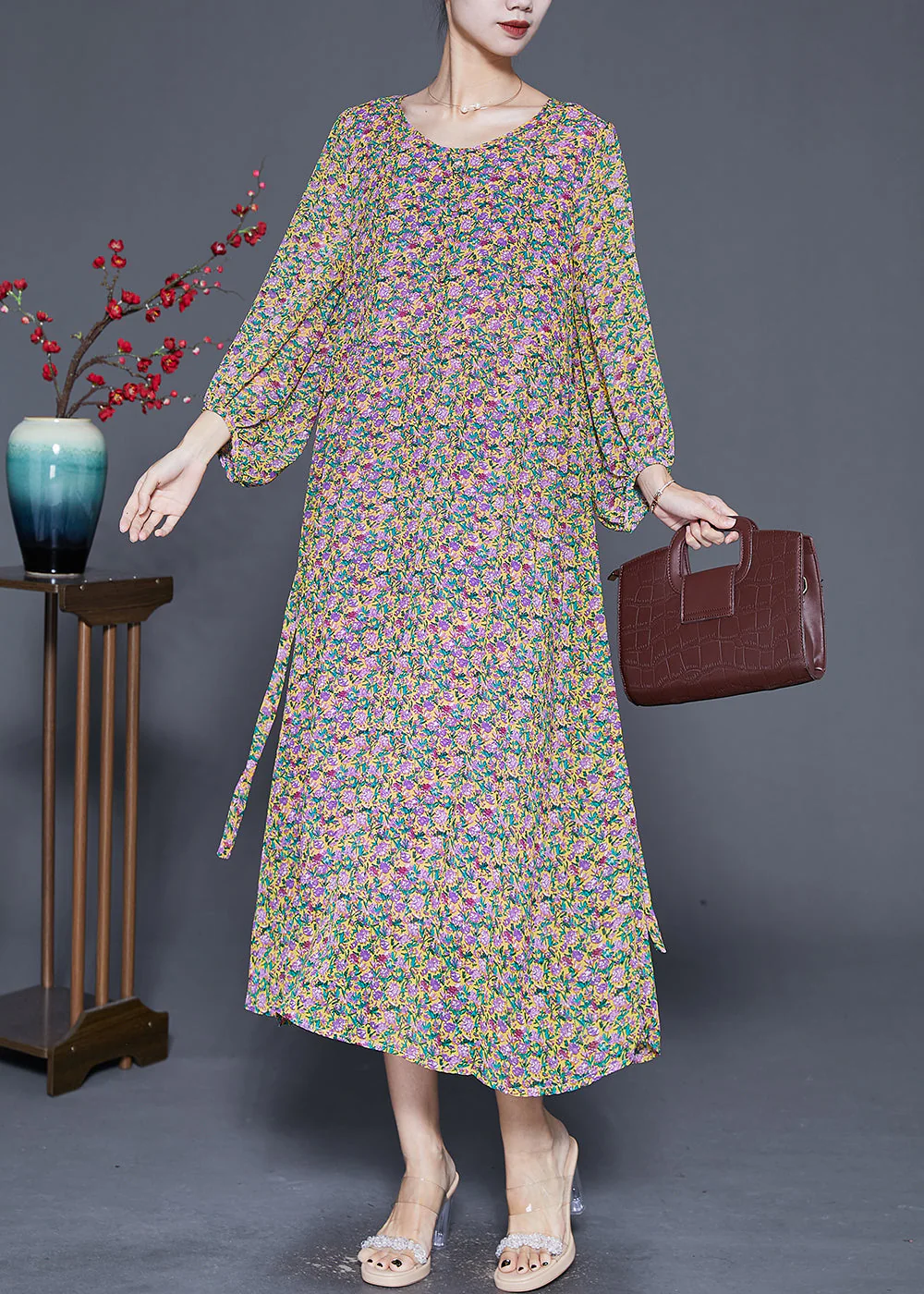 Beautiful Print Tie Waist Chiffon Holiday Dress Bracelet Sleeve - Image 3