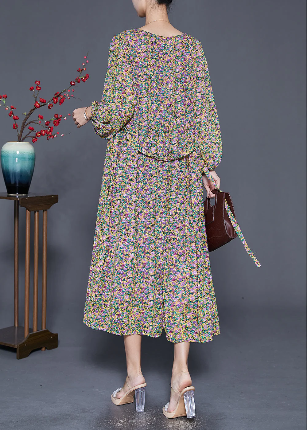 Beautiful Print Tie Waist Chiffon Holiday Dress Bracelet Sleeve - Image 4