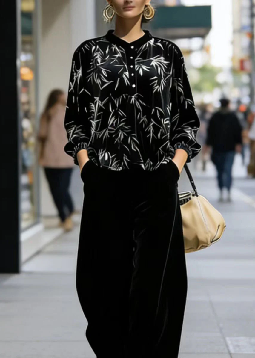 Beautiful Print Top And Pants Velvet Two Pieces Set Spring - Image 2